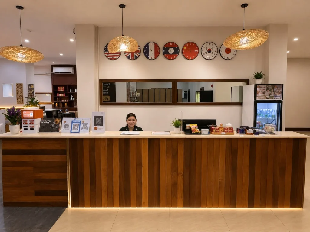 Harmony Hotel reception desk, Vientiane