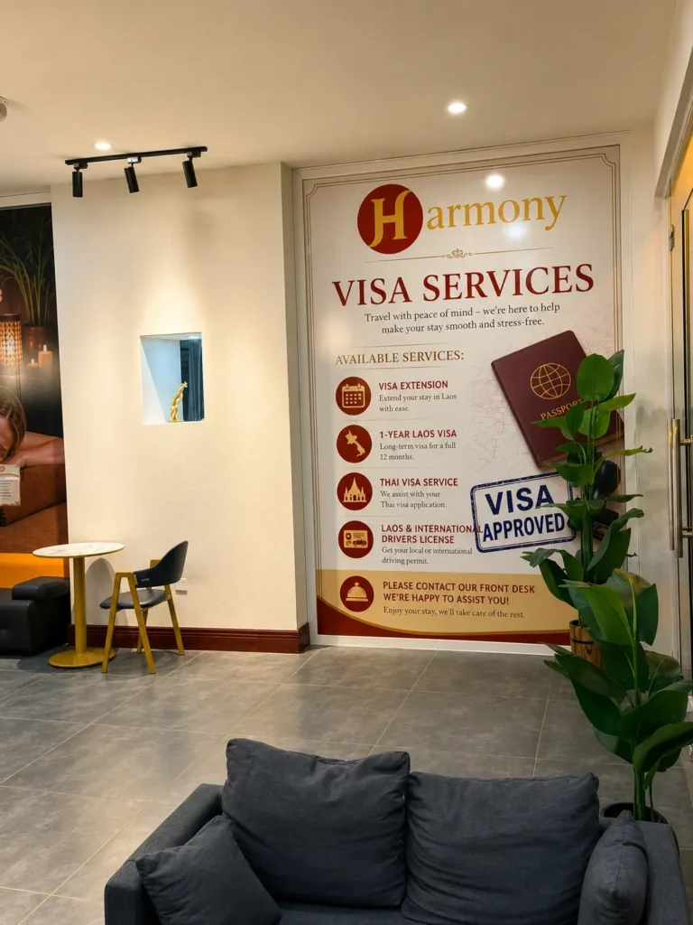 Harmony Hotel reception signage, Vientiane